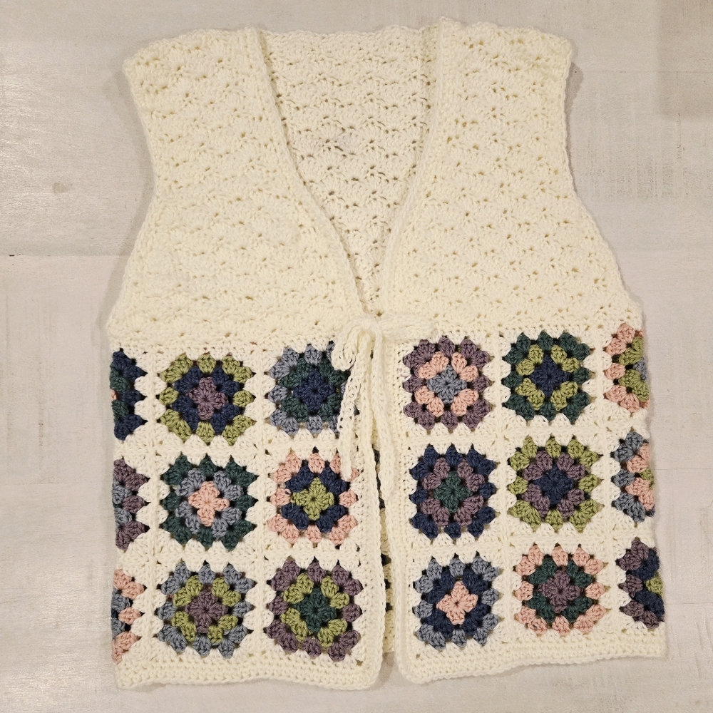 Crochet Granny Square Multicolor Sweater Vest Handmade Size Small/XS